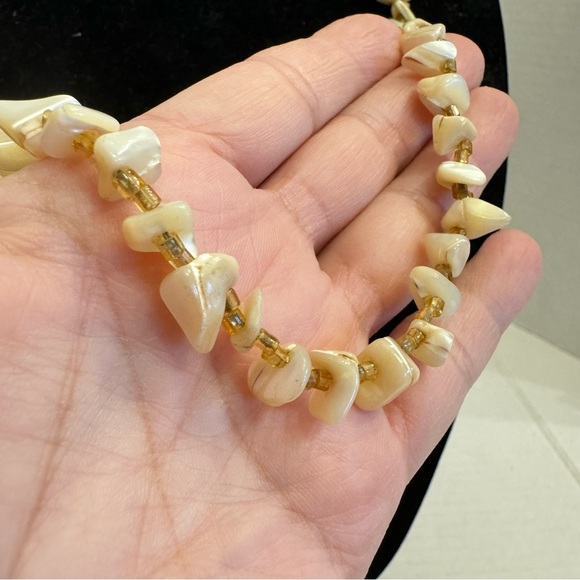 Vintage Artisan Mother of Pearl and Beaded Butterscotch Necklace Handmade - Picture 5 of 16